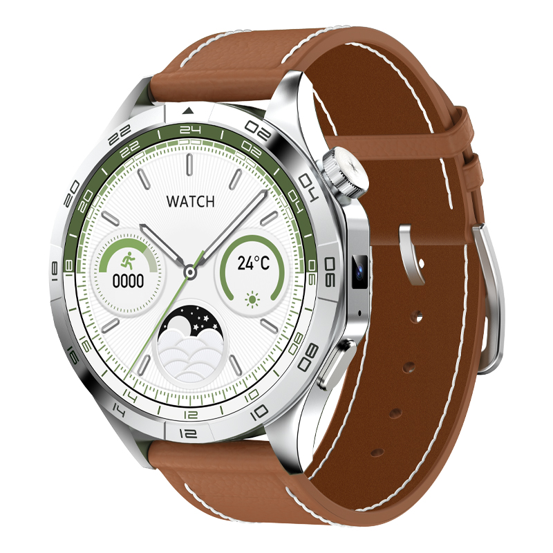 Stylish watch with brown leather strap.