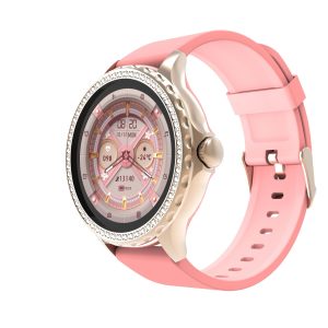 Android 1.19 inch screen women pink sports smartwatch with diamond accents front view