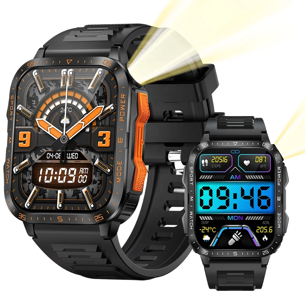 2025 Kt79 Sport Smart Watch 1.96 Inch Hd Screen 30m Deep Waterproof 7-15 Days Long Battery Life Flash Uv Light Smartwatch