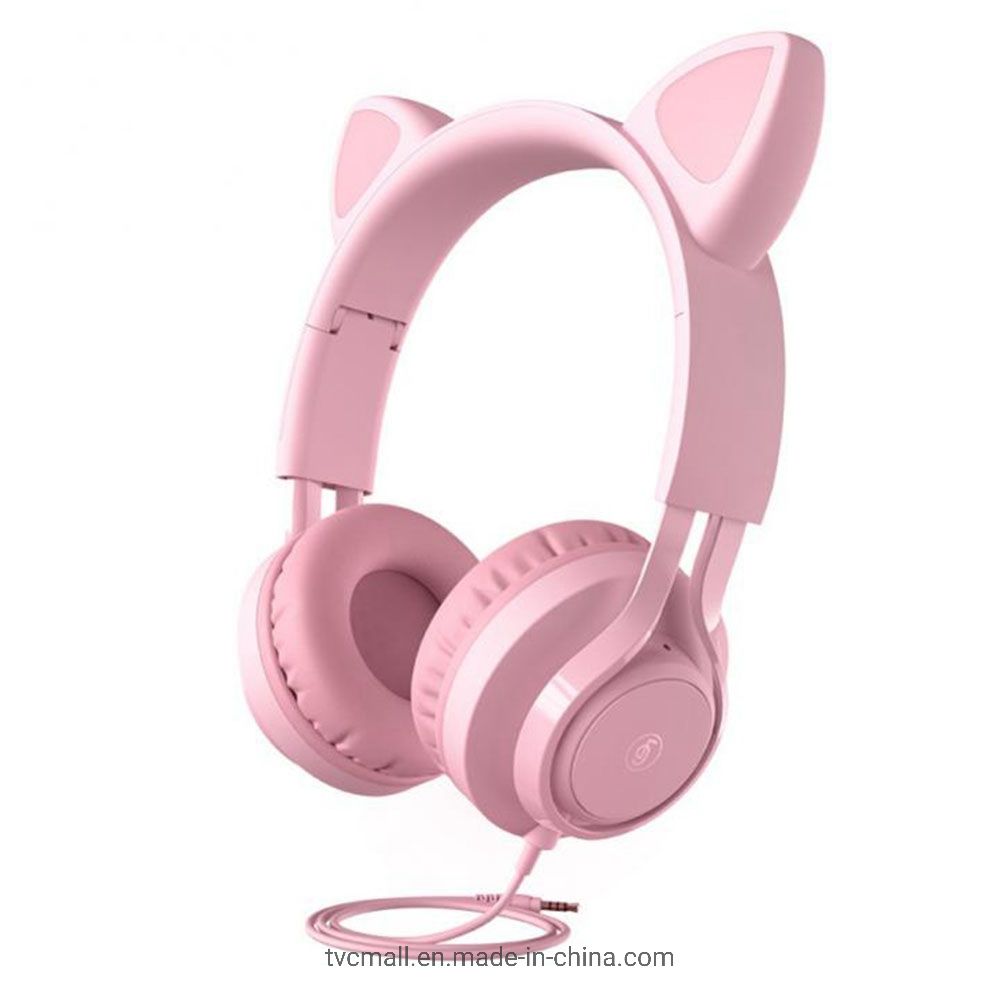 Pink cute cat ear wired stereo headphones for girls