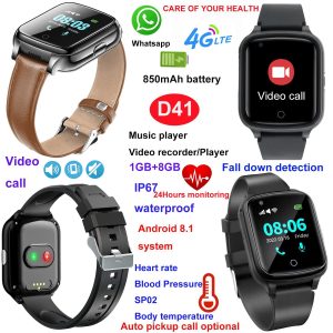 Senior healthcare GPS tracker smartwatch D41 with black and brown leather strap